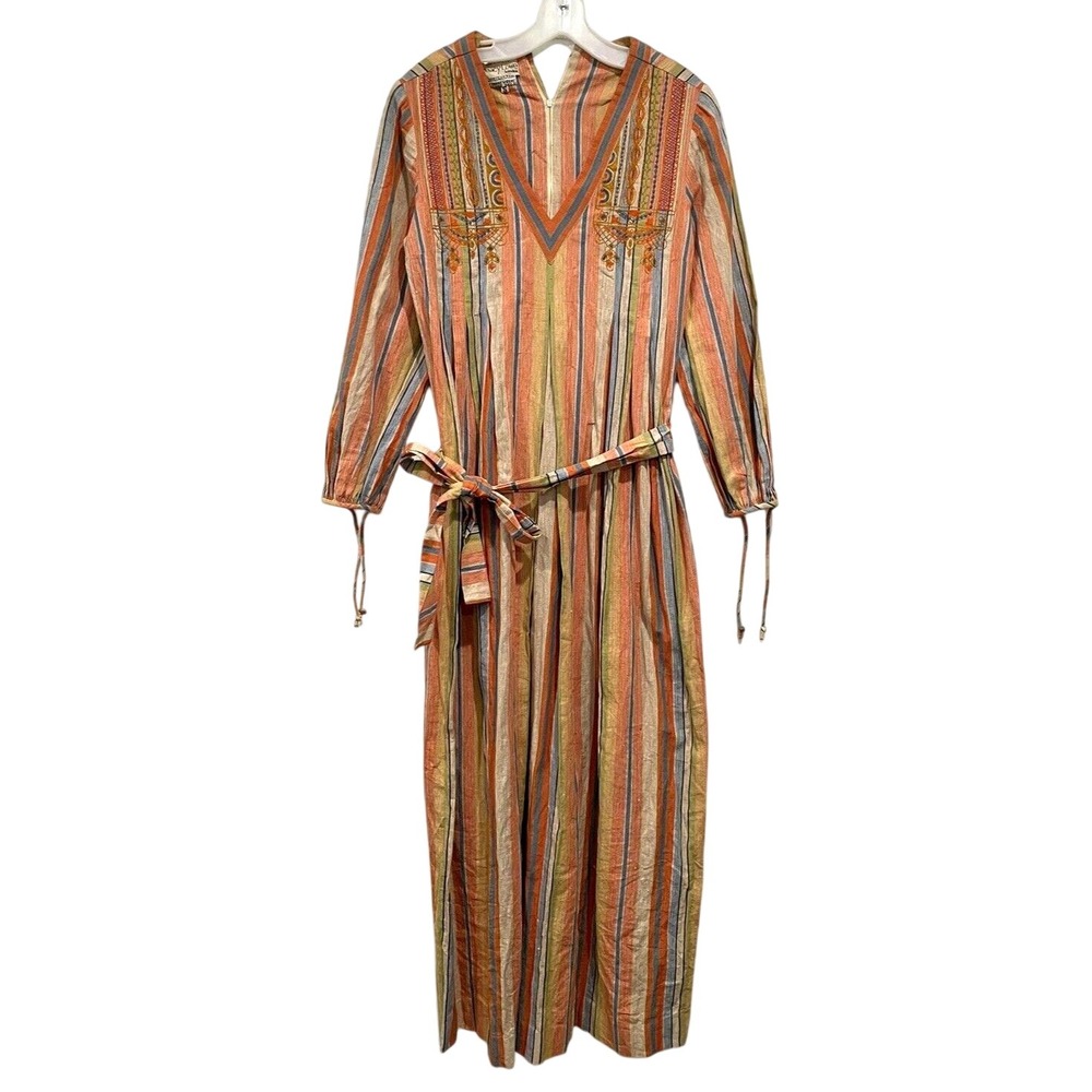 Vtg Treacy Lowe London 1970 House dress Striped size S Cotton Embroidered Boho
